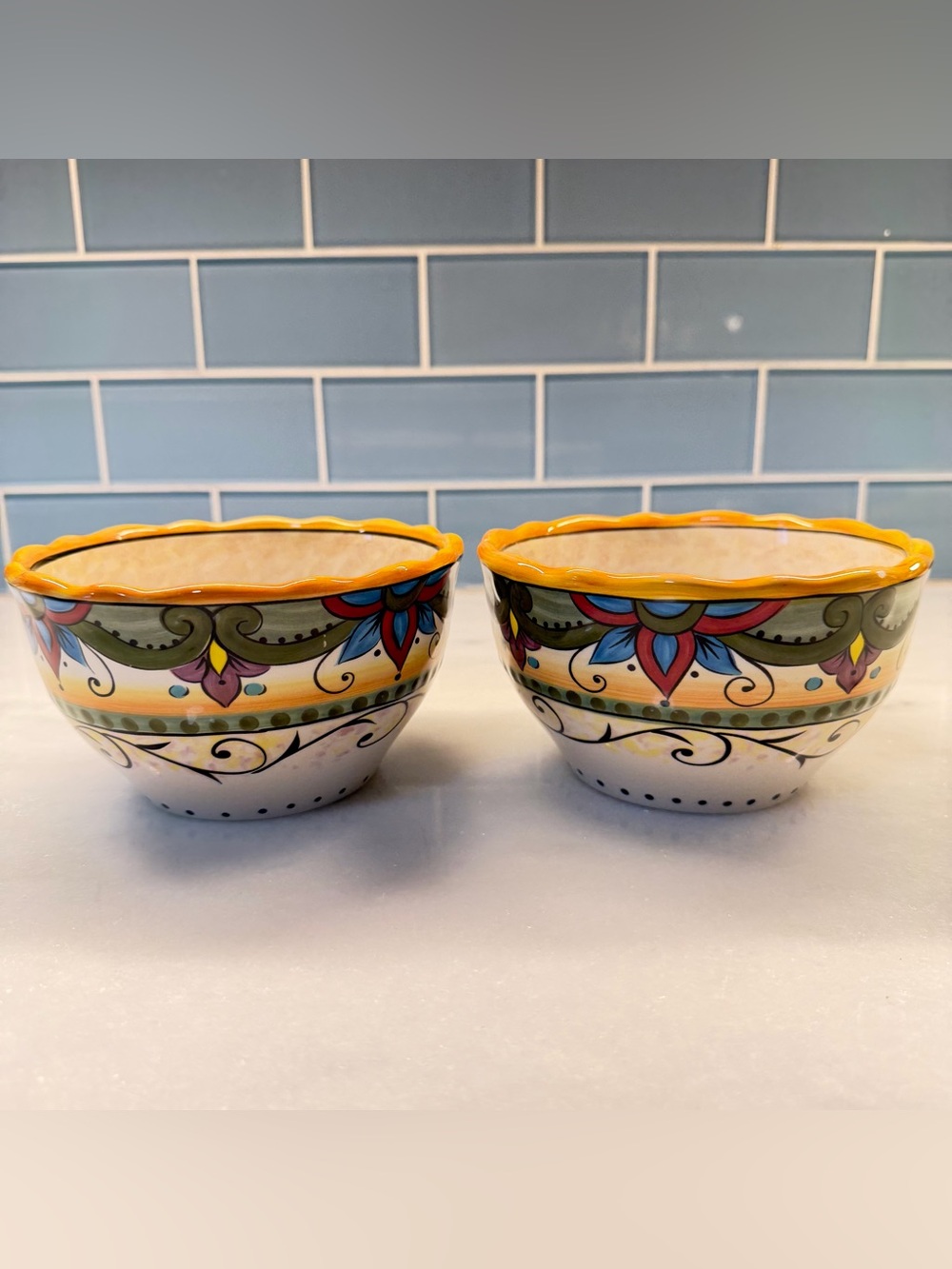Tabletops Gallery Messino Hand Painted Ceramic Bowls Set of 2 Floral 6" Boho